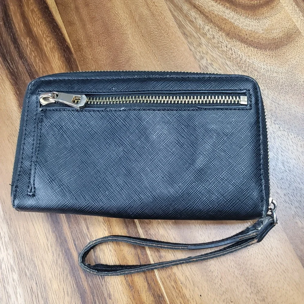 Michael Kors Wristlet Black Leather Double Zip‎ Around Wallet Snap Purse